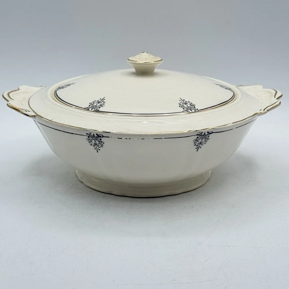 VTG 1940's Crown Potteries Co Covered Dish‎ - Vegetable Bowl - Gold Trim -